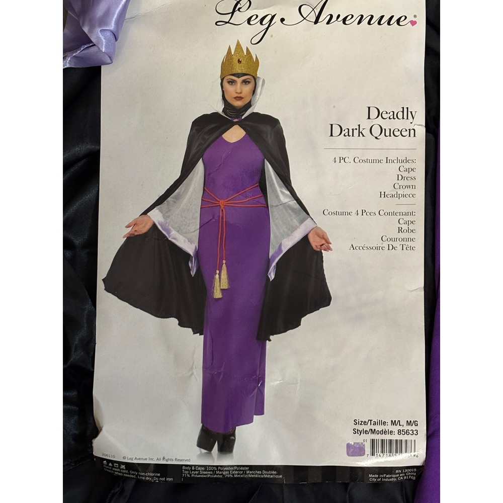 Leg Avenue Deadly Dark Queen Costume 4pc Set Purple Dress Cape Crown 85633 M/L - Picture 4 of 14